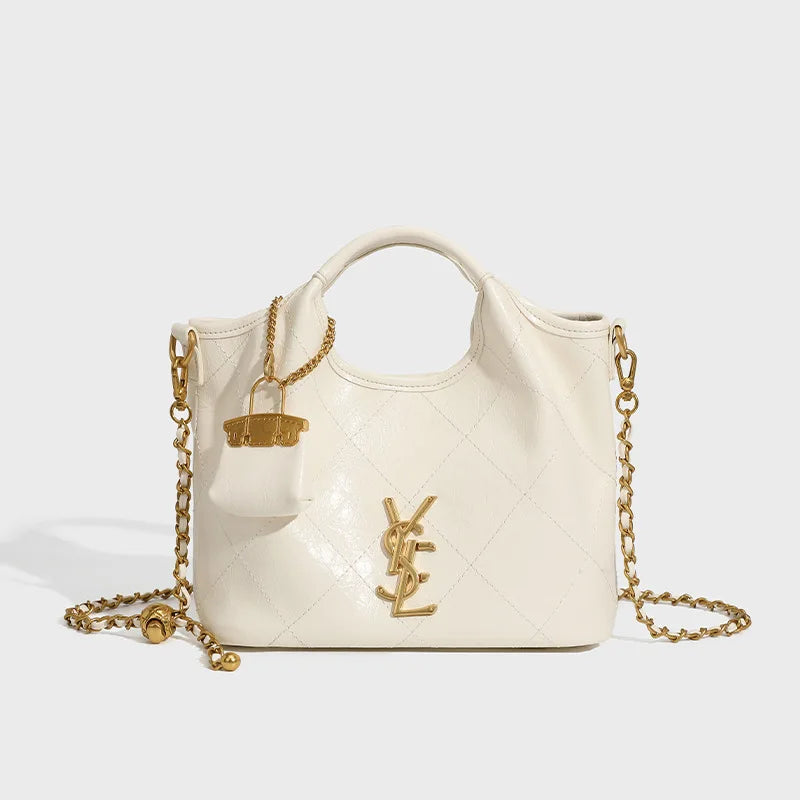 Premium handbag with diamond grid embroidery thread, large capacity vegetable basket bag, chain bar crossbody bag