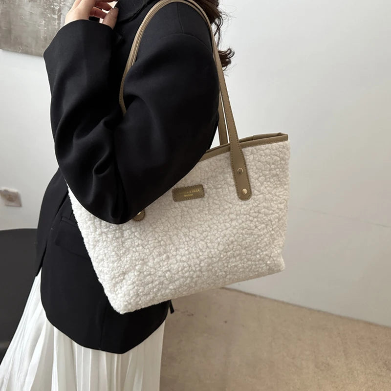 Soft Handbag Large Capacity Fall Winter Shoulder Bag Women Lamb Wool Tote Bag Zipper Closure Casual Shopping Traveling Tote