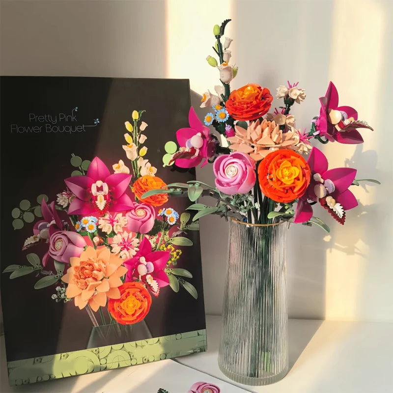 Creative Beautiful Zinfandel Bouquet Building Blocks Pretty Pink Flower Home Desktop Decoration Toy Gift For Girl Kid Girl Adult