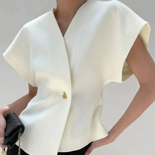 Summer Women's Clothing Solid Color Button Short Sleeve Rivet Cardigan T-shirt Casual Elegant All-match Office Lady Korean Tops