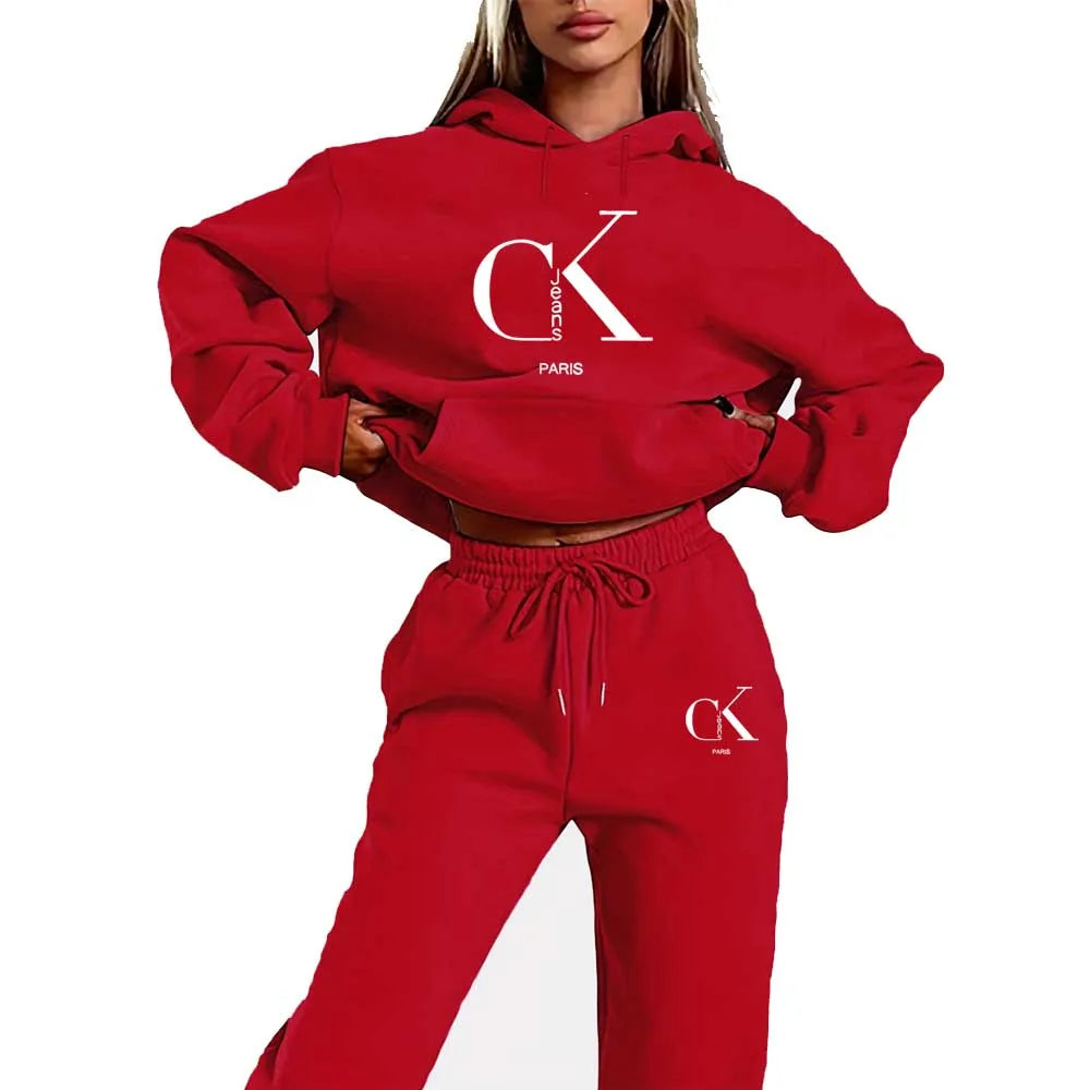 2026 Spring/Summer New Collection Hooded Sweatshirt and Pants Set - Black with White Logo Drawstring Hoodie and Athletic Pants