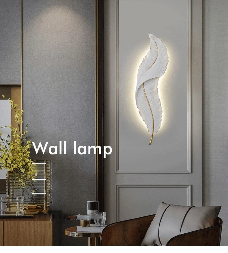 Nordic feather wall lamp, living room, bedroom, headboard, foyer, creative feather lamp, resin aisle, minimalist background ligh