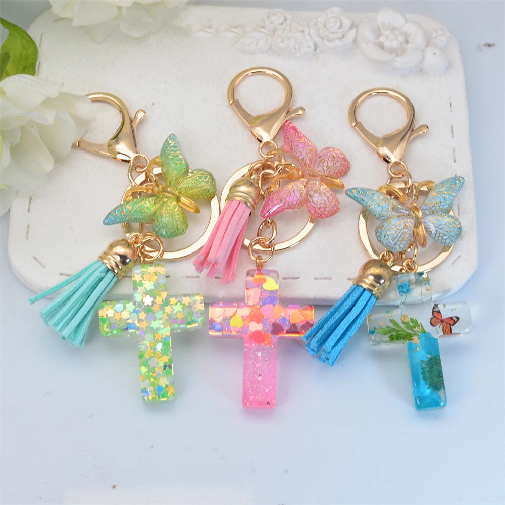 Exquisite Cross Butterfly Keychain Cute Resin Christian Cross Key Ring Purse Bag Pendant Car Key Accessories Women Party Gift
