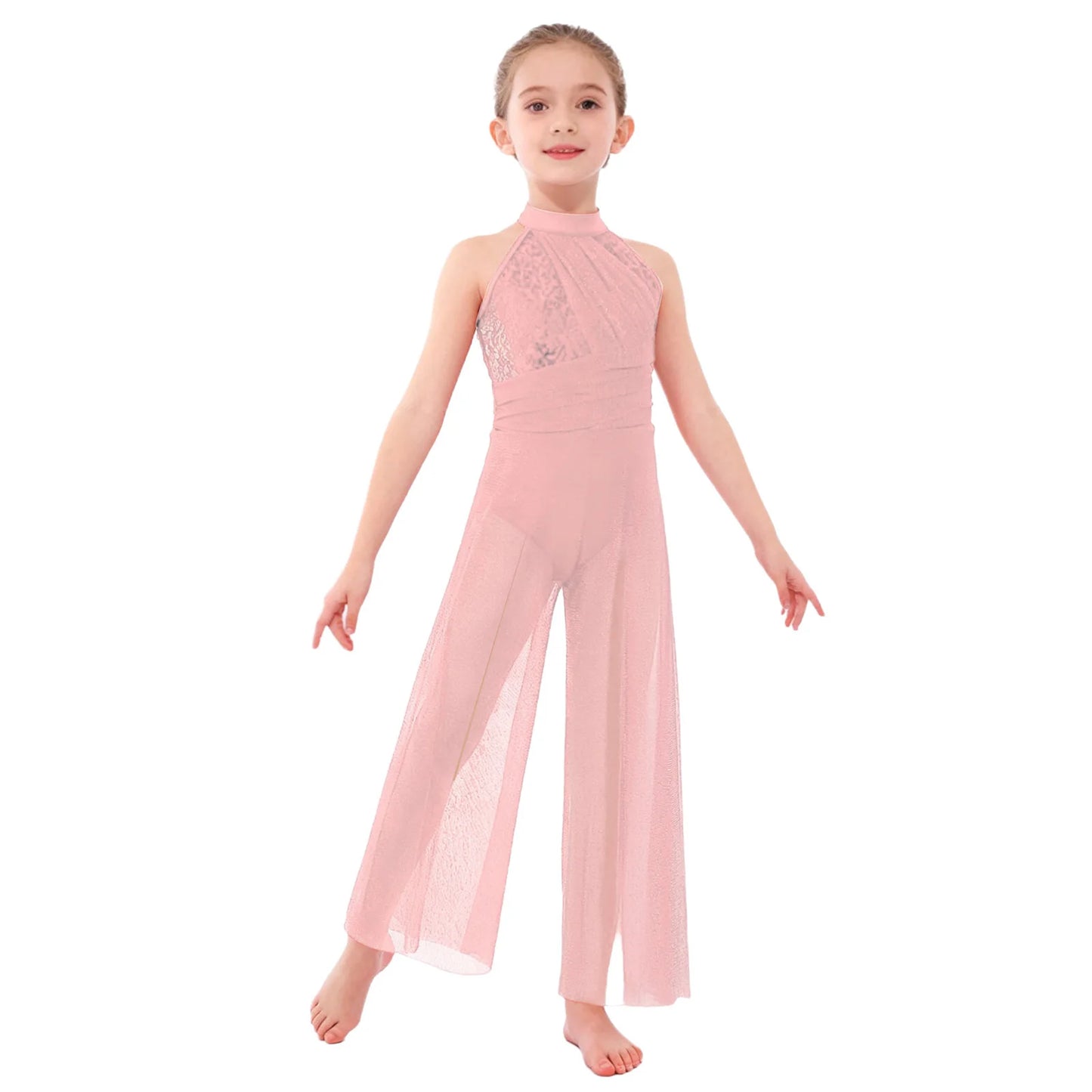 Children Girls Modern Lyrical Dance Jumpsuit Sleeveless Shiny Sequin Mesh Split Ballet Figure Skating Gymnastic Leotard Bodysuit