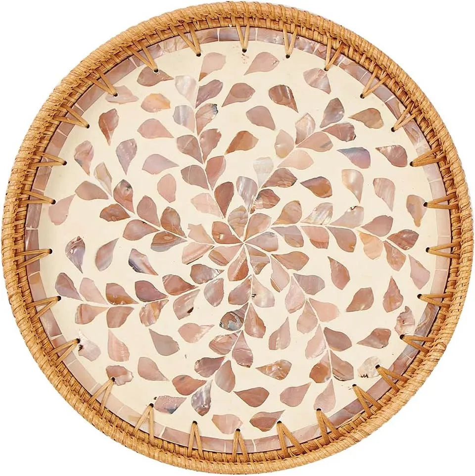 Round Rattan Tray with Mother of Pearl Inlay Rattan Serving Tray Wooden Base Storage and Display of Coffee Bread Food Fruit