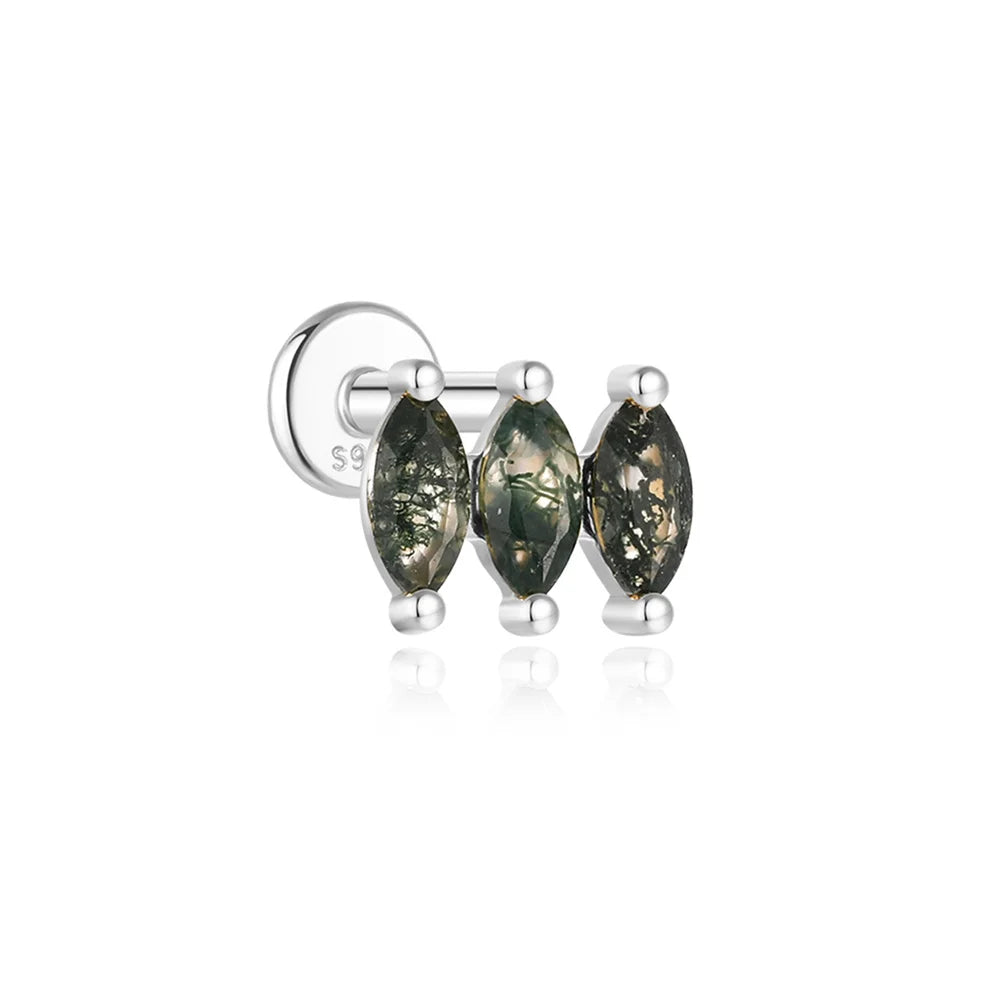 AIDE Water Grass Agate 925 Sterling Silver Flat Head Thread Piercing Earring Green Moss Piercing Ear Bone Earring Jewelry 1pc