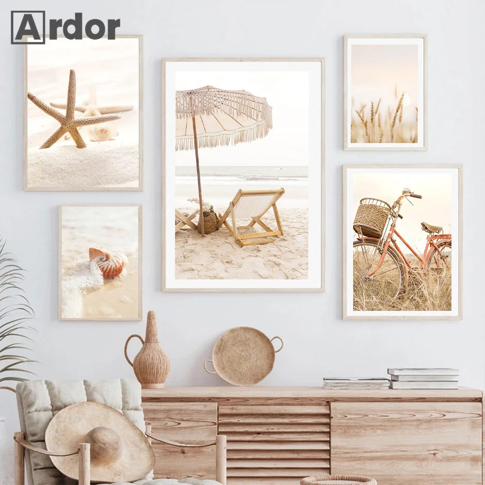 Boho Nordic Beige Beach Starfish Shells Reeds Bike Wall Art Canvas Painting Posters And Prints Pictures Living Room Home Decor