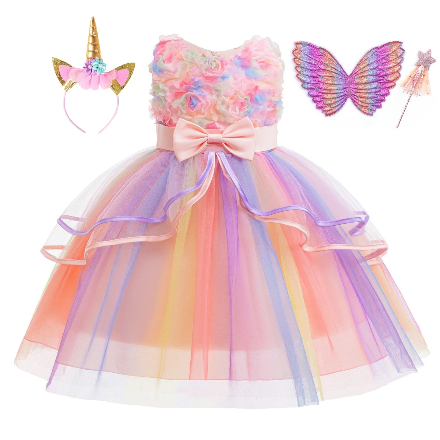 Summer Dress Girl Unicorn Cosplay Costume Children's Day Mesh Rainbow Tulle Princess Dress for Birthday Gift Kids Fashion Dress