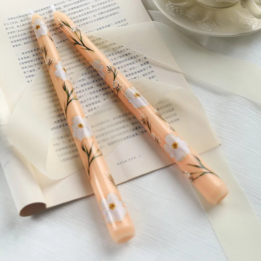 2pcs/Box 9.85in Taper Scented Candles Romantic Hand Painted Rose Long Candle For Home Decoration Candle Wedding Decoration