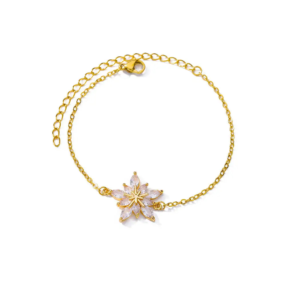 Elegant Zircon Flowers Bracelet For Women Girls Charm Gold Color Stainless Steel Plant Bracelets Luxury Designer Jewelry Gifts