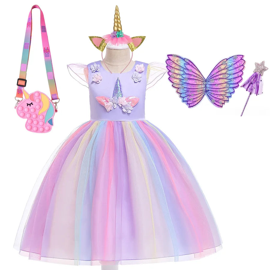 Summer Dress Girl Unicorn Cosplay Costume Children's Day Mesh Rainbow Tulle Princess Dress for Birthday Gift Kids Fashion Dress
