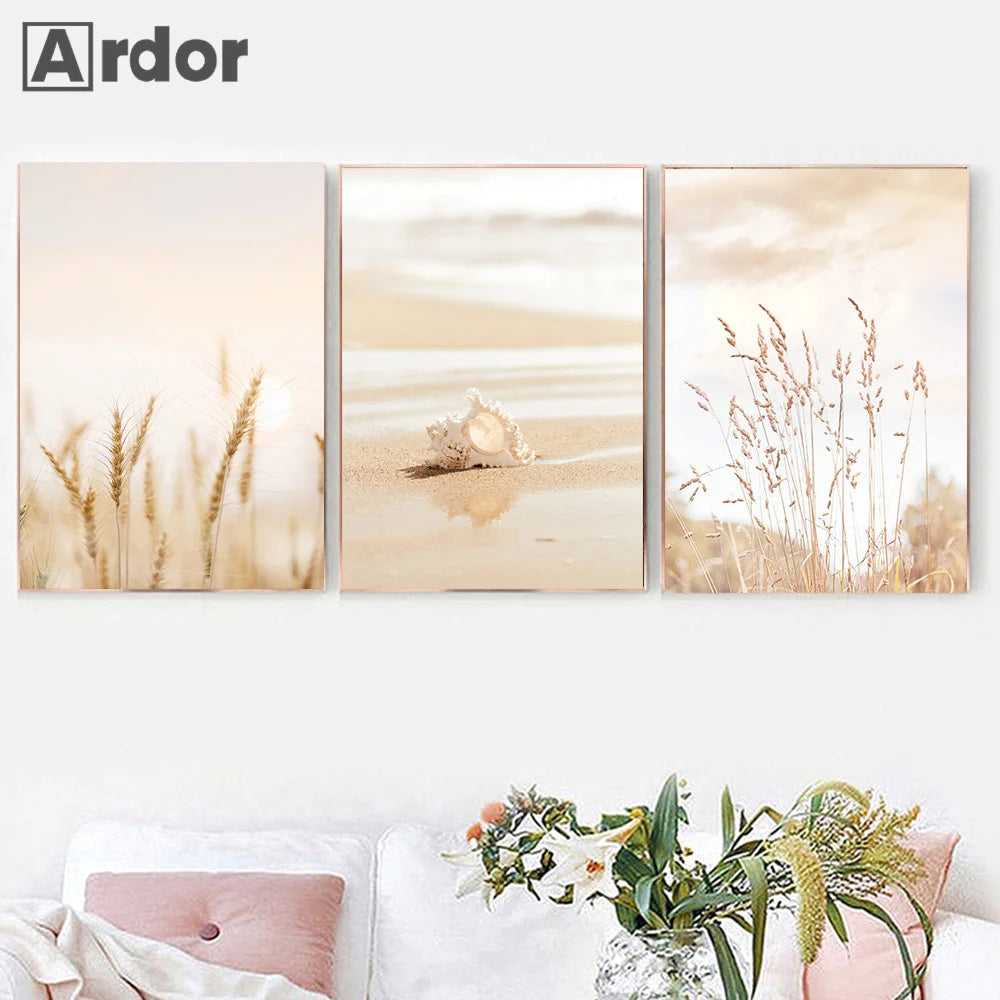 Boho Nordic Beige Beach Starfish Shells Reeds Bike Wall Art Canvas Painting Posters And Prints Pictures Living Room Home Decor