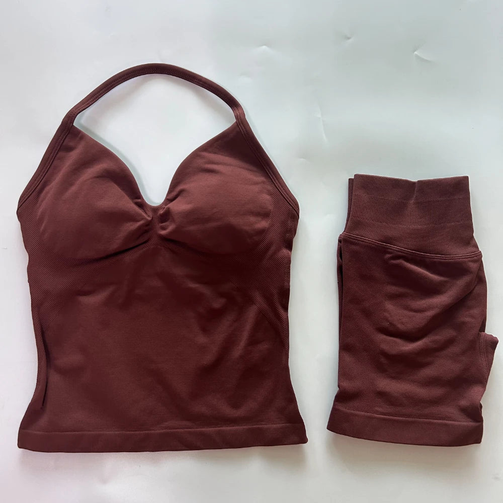 2Pcs Gym Set Women Backless Tank Tops High Waist Scrunch Seamless Shorts