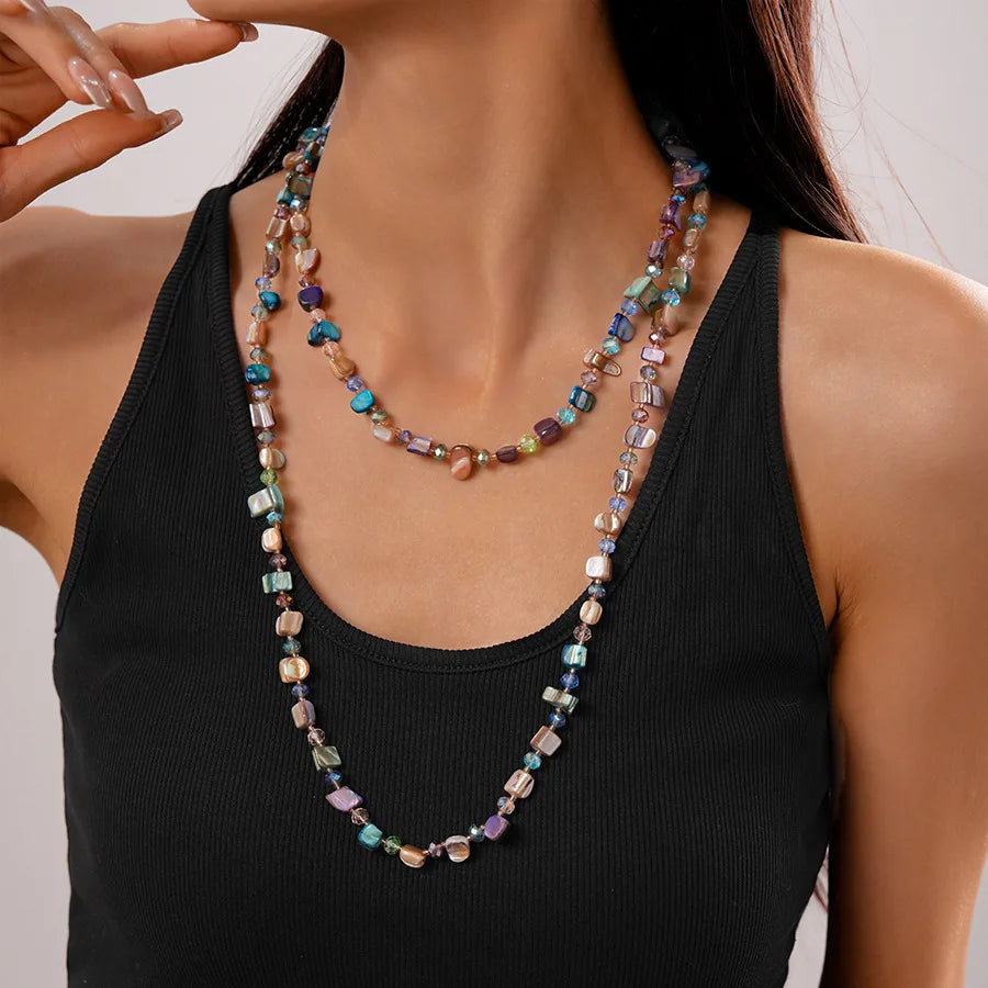 Boho Double-layer Shell Long Necklace for Women Vintage Irregular Beads Necklace Female Summer Vacation Jewelry Holiday Gifts