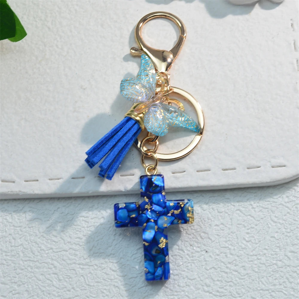 Exquisite Cross Butterfly Keychain Cute Resin Christian Cross Key Ring Purse Bag Pendant Car Key Accessories Women Party Gift