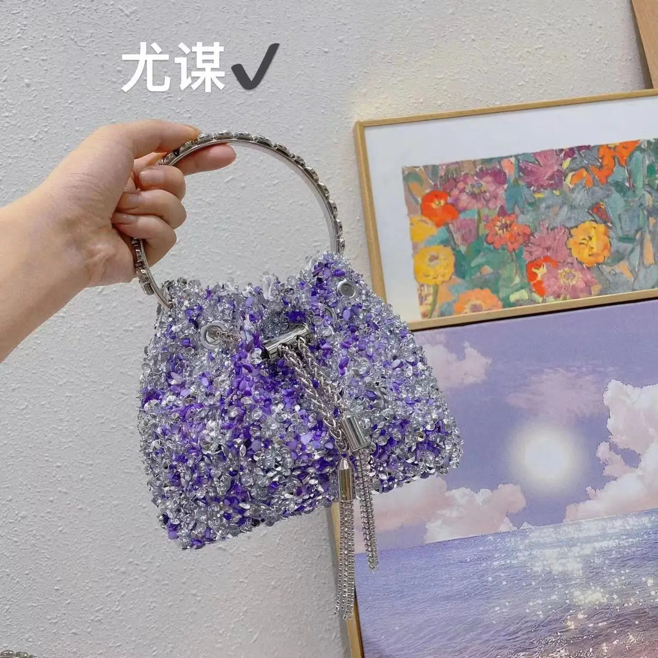 Luxury Designer Colorful Stones Evening Clutch Bag Wedding Party Bucket Purse Metal Handle Women Handbag Shoulder Messenger Bag