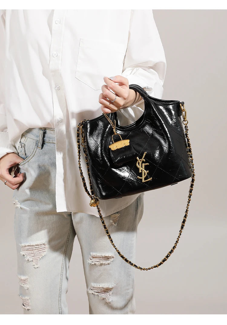Premium handbag with diamond grid embroidery thread, large capacity vegetable basket bag, chain bar crossbody bag