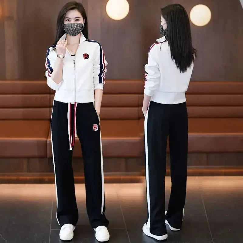 Fashionable Sportswear Two-Piece Set Ladies Wide Leg Pants Jacket Casual Spring Autumn Outfit Stylish Zipper Closure Long Sleeve
