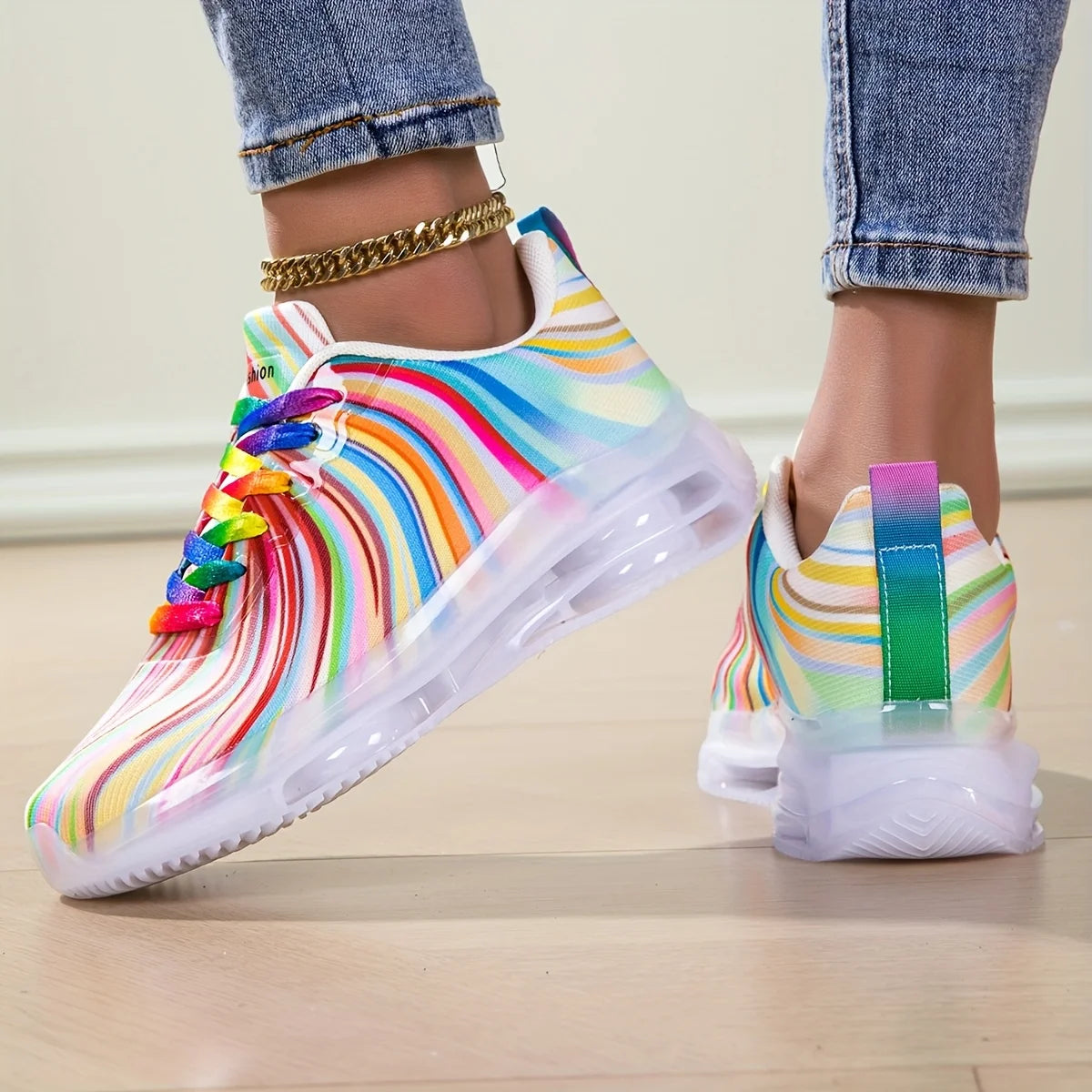 Women's Rainbow Stripe Casual Sports Shoes Summer Mesh Fashion Flat Beach and Leisure Holiday Lace-up Running Shoes for Ladies