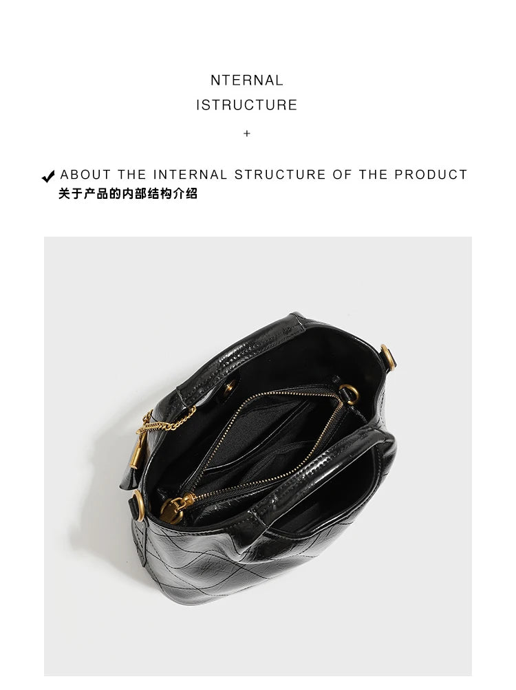 Premium handbag with diamond grid embroidery thread, large capacity vegetable basket bag, chain bar crossbody bag
