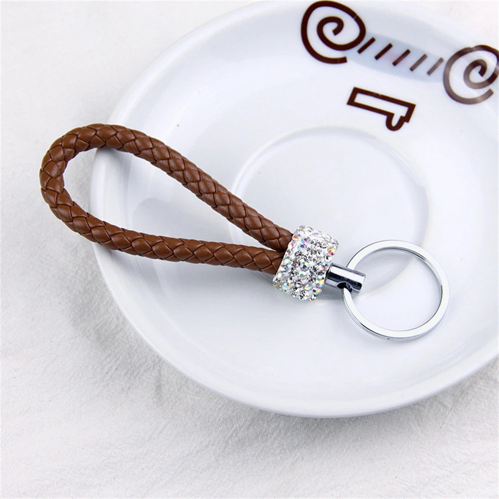 Creative Hand Woven Leather Car Keychain With Diamond Women Men Wallet Backpack Charm Bling Crystal Rope Keyring For Couple Gift