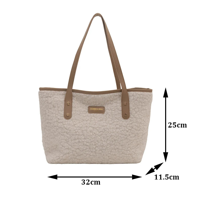Soft Handbag Large Capacity Fall Winter Shoulder Bag Women Lamb Wool Tote Bag Zipper Closure Casual Shopping Traveling Tote