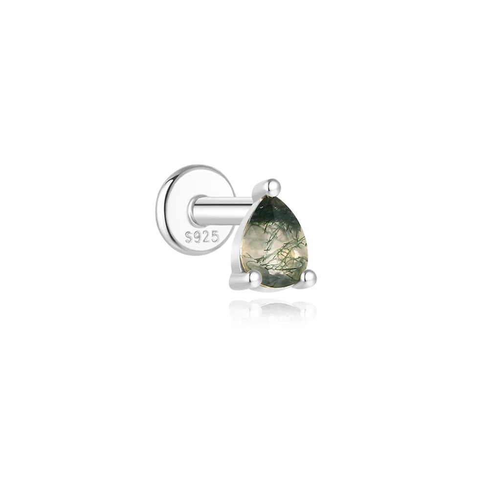 AIDE Water Grass Agate 925 Sterling Silver Flat Head Thread Piercing Earring Green Moss Piercing Ear Bone Earring Jewelry 1pc