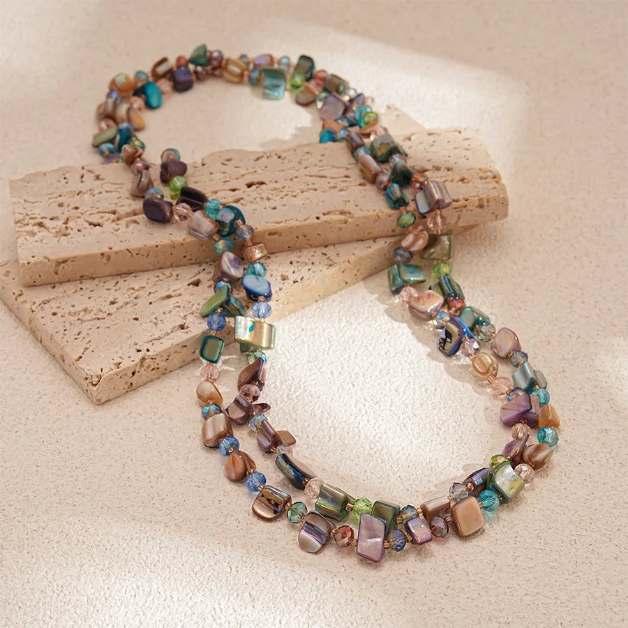 Boho Double-layer Shell Long Necklace for Women Vintage Irregular Beads Necklace Female Summer Vacation Jewelry Holiday Gifts