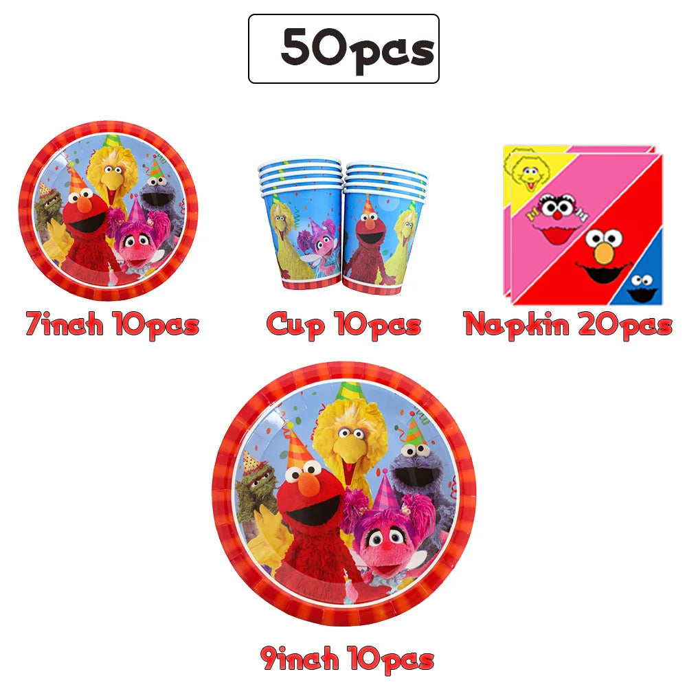 Cartoon Sesames  Street Birthday Party Decor Elmo and Friends Theme Tablecloth Plate Balloon Set Cake Decor Baby Shower