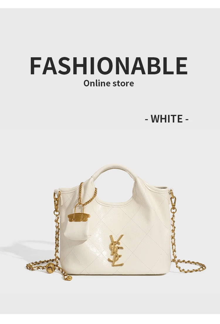 Premium handbag with diamond grid embroidery thread, large capacity vegetable basket bag, chain bar crossbody bag
