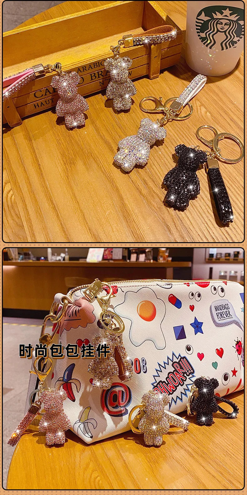 Cute Rhinestones Tassel Bear Keychain Couple Keychain Girl Decoration Small Pendant Car Key Ring Student Bag Pendant