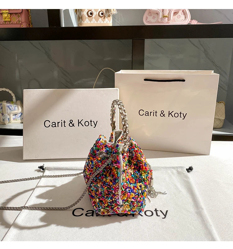 Luxury Designer Colorful Stones Evening Clutch Bag Wedding Party Bucket Purse Metal Handle Women Handbag Shoulder Messenger Bag