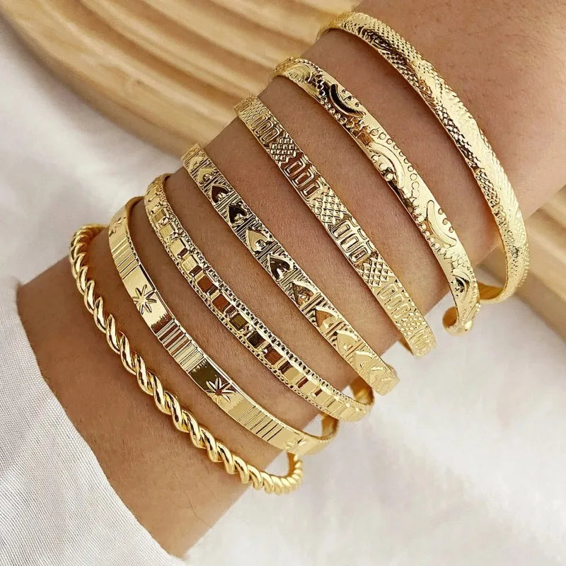 7Pcs Retro Metal Wire Bangles High Quality Exaggerated Open Bracelets Fashion Jewelry For Women Party Daily Wear