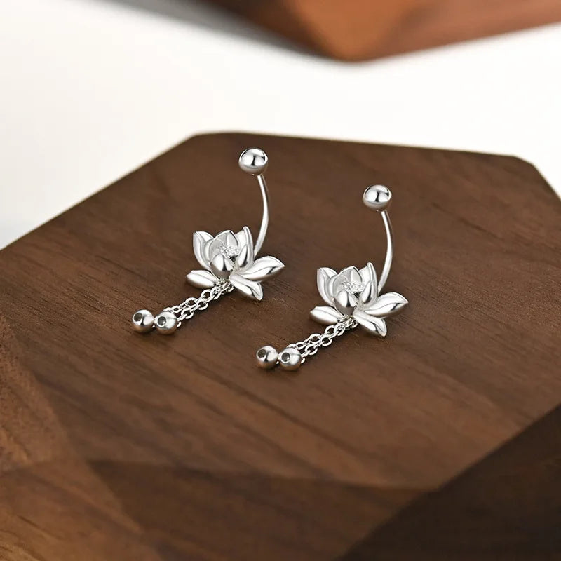 YILUOCD 925 Sterling Silver Lotu Flower Stud Earrings Vintage Tassel  Flower Earrings for Women Cute Sweet Irregular Jewelry