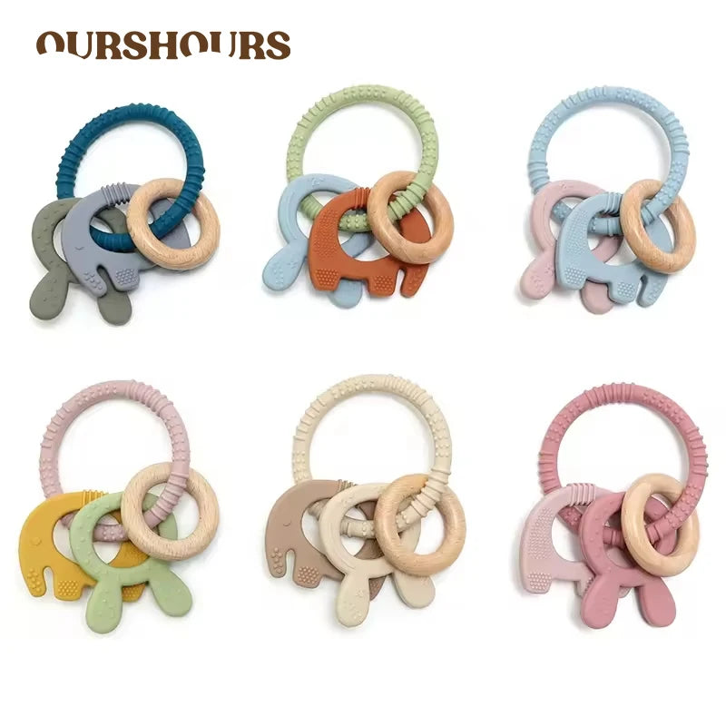 Baby Teething Toys Silicone Wooden Ring Teether BPA Free Cute Elephant Babies Chew Toy for Boys and Girls Newborn Gifts