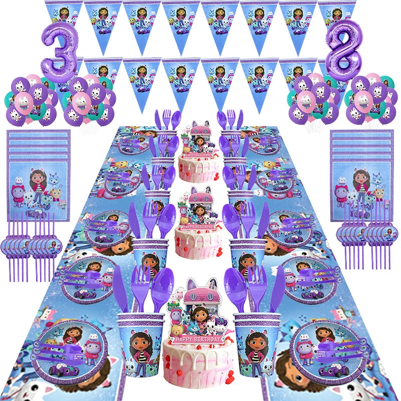 Disney Gabby Dollhouse Birthday Party Decoration Balloon Napkins Children's Disposable Tableware Theme Party Supplies Kids Gifts