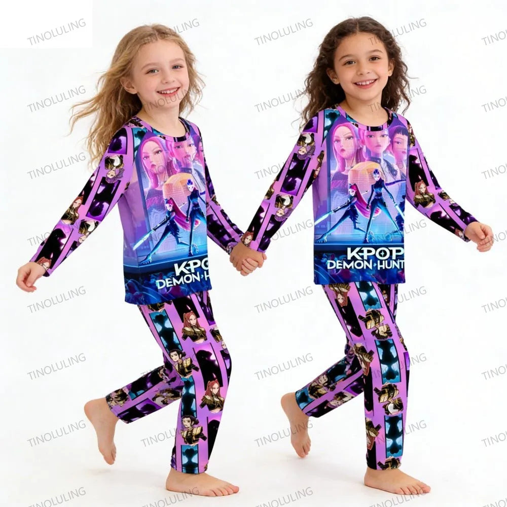 KPop Demon Hunters Huntrix Kids Pajamas Set Long Sleeve Girls Clothing 2pcs Children's Sleepwear Cartoon Boys Nightwear 3-14Y