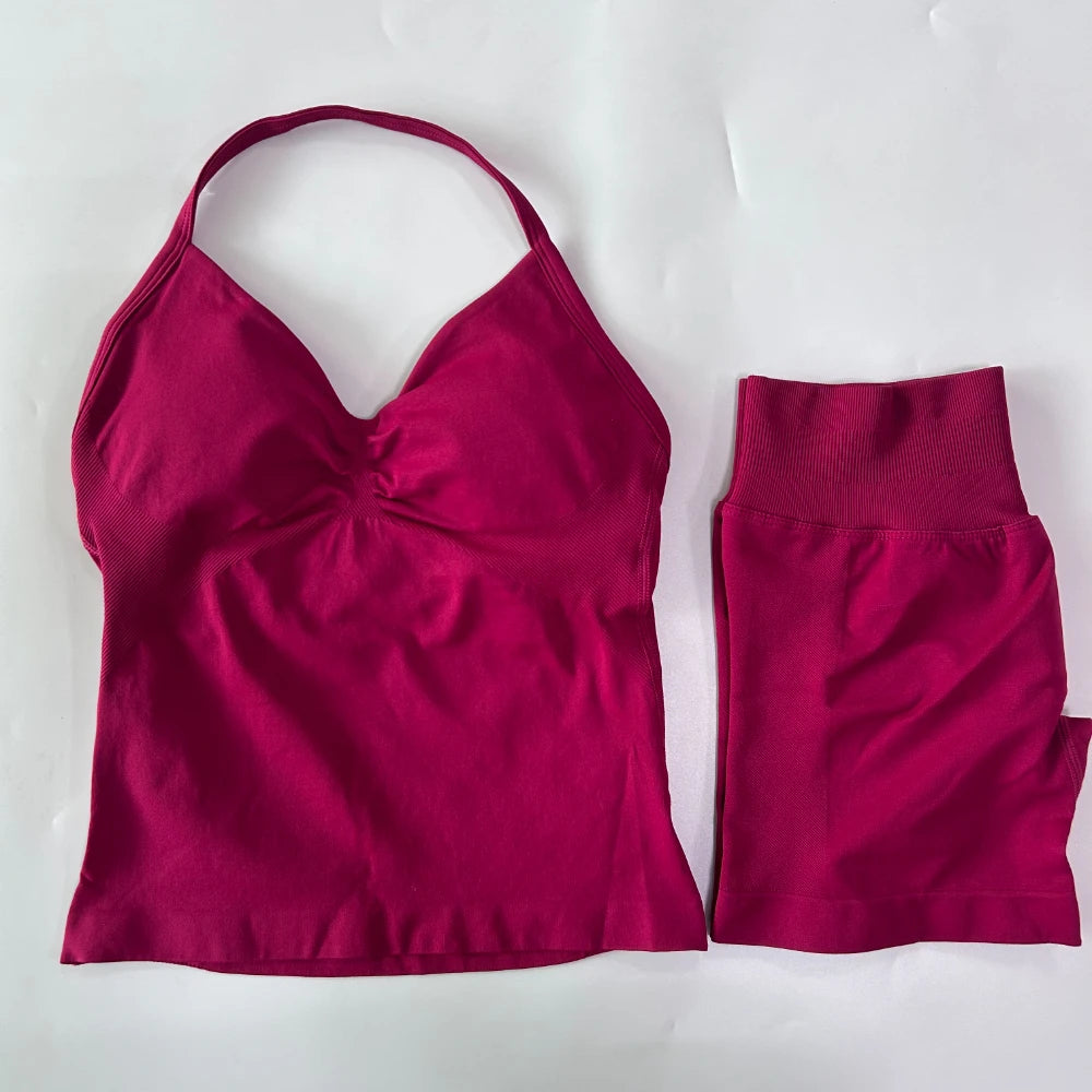 2Pcs Gym Set Women Backless Tank Tops High Waist Scrunch Seamless Shorts