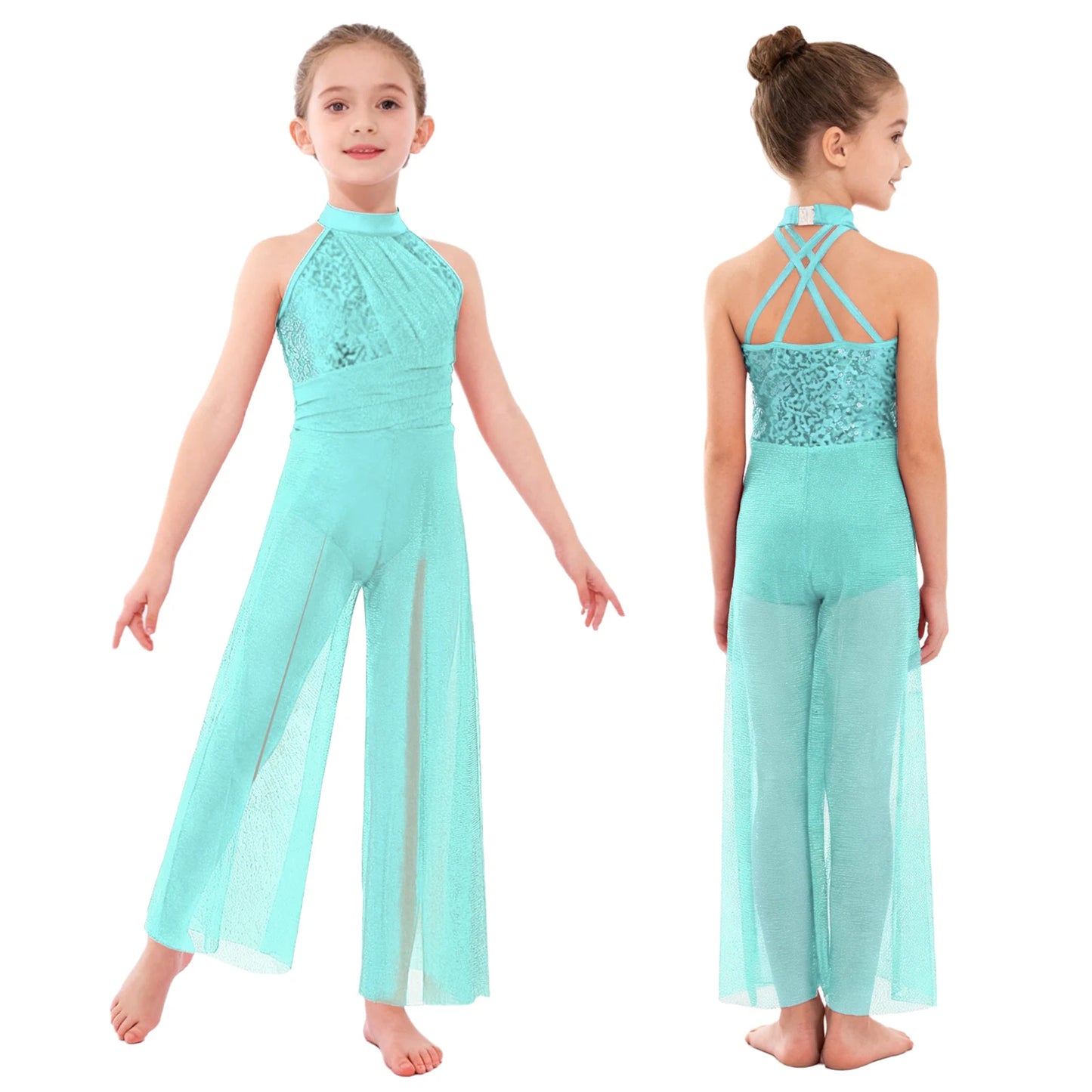 Children Girls Modern Lyrical Dance Jumpsuit Sleeveless Shiny Sequin Mesh Split Ballet Figure Skating Gymnastic Leotard Bodysuit