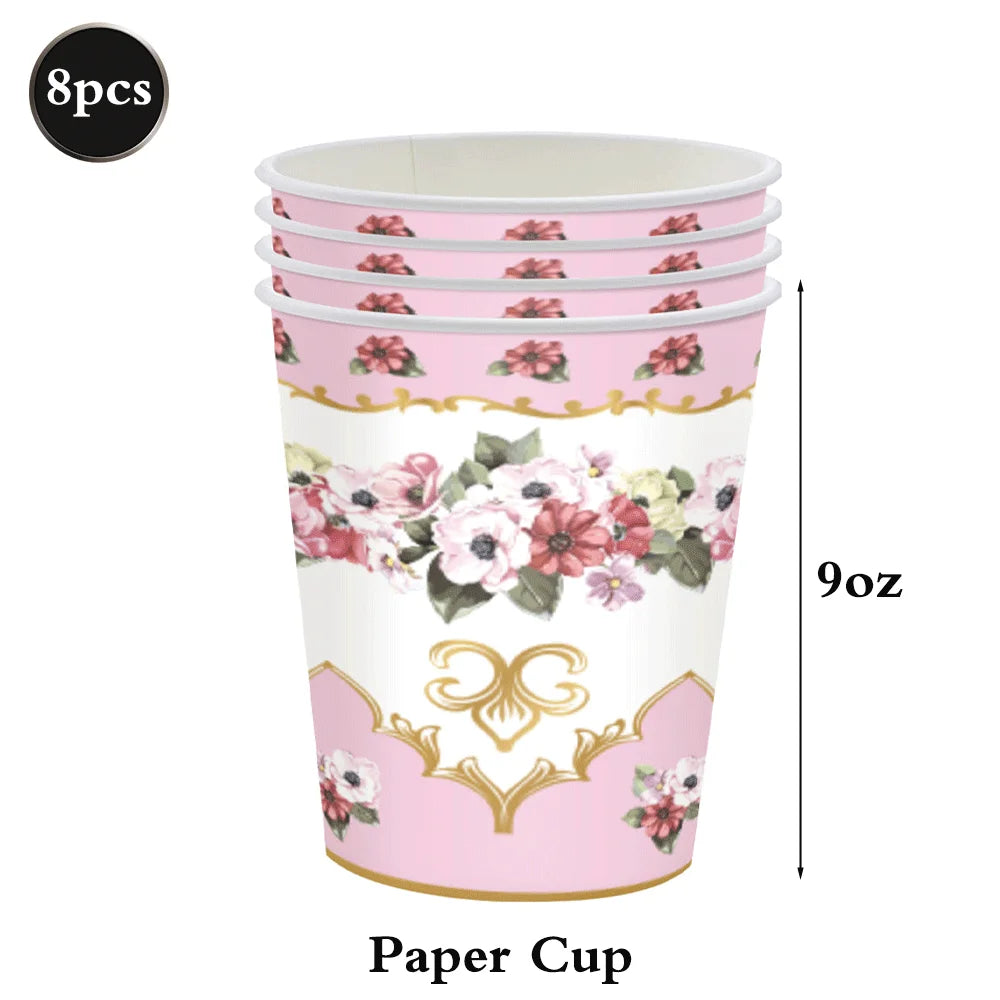 Tea Party Tableware Flower Paper Plate Napkin Cup Girl Birthday Tea Party Pink And Green Flower Decoration Disposable Tableware