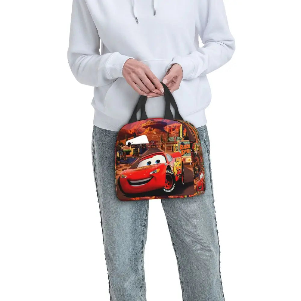 Custom Car 95 Lightning Mcqueen Insulated Lunch Bag for Women Resuable Racing Car Thermal Cooler Bento Box Office Picnic Travel