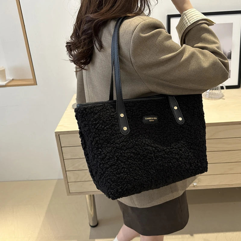Soft Handbag Large Capacity Fall Winter Shoulder Bag Women Lamb Wool Tote Bag Zipper Closure Casual Shopping Traveling Tote