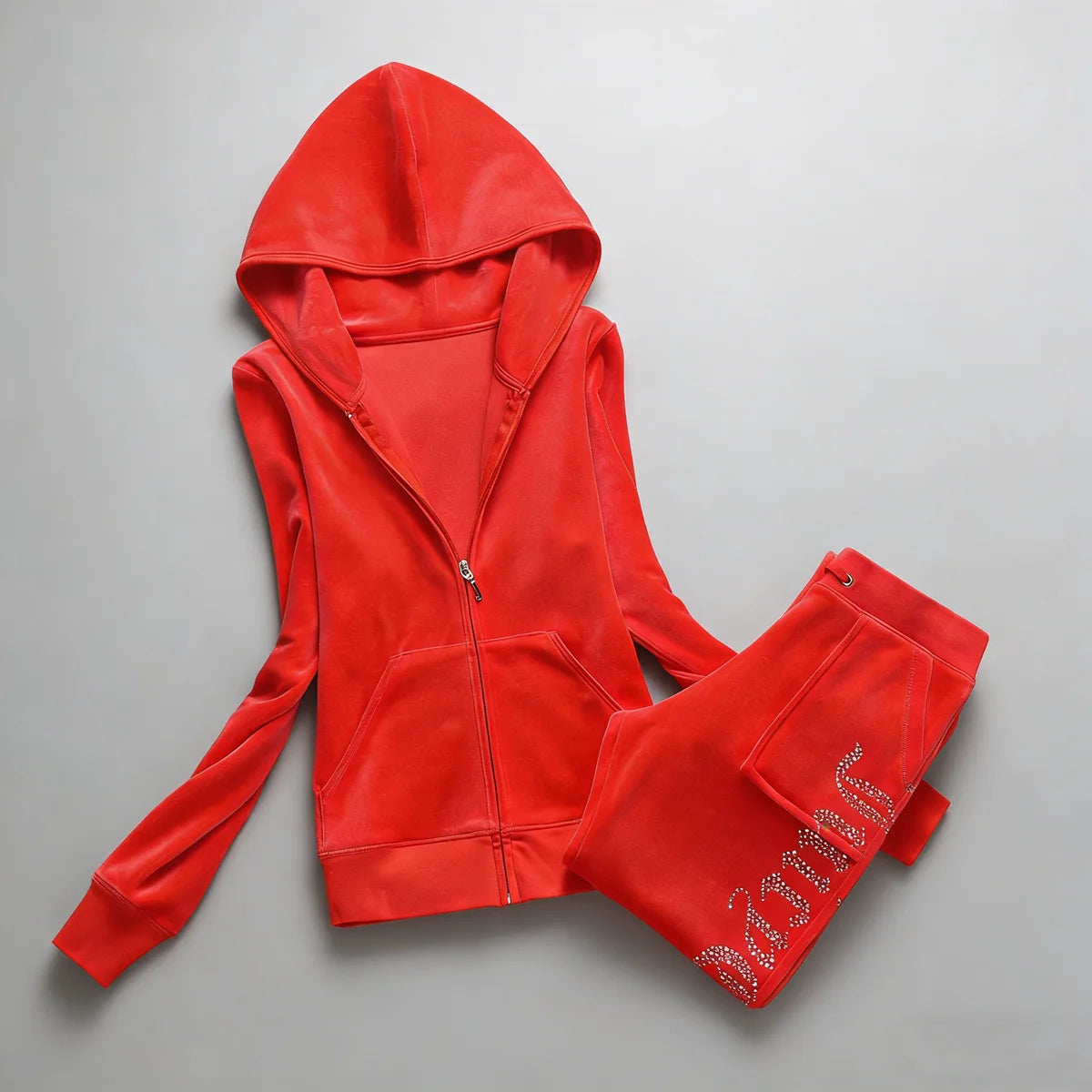 Y2K Women's Velvet Tracksuit 2 Piece Set Rhinestone Crown Print Hoodie + Straight Pants Slim Fit Loungewear Multiple Colors