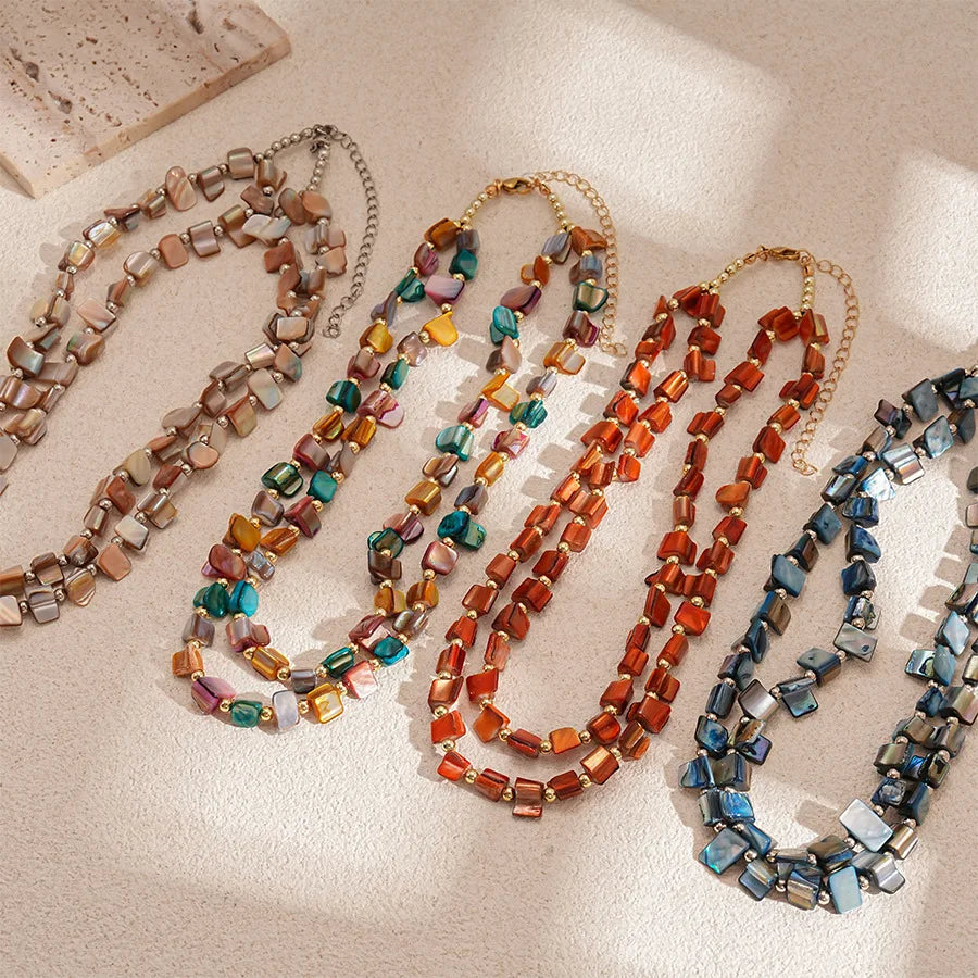 Boho Double-layer Shell Long Necklace for Women Vintage Irregular Beads Necklace Female Summer Vacation Jewelry Holiday Gifts