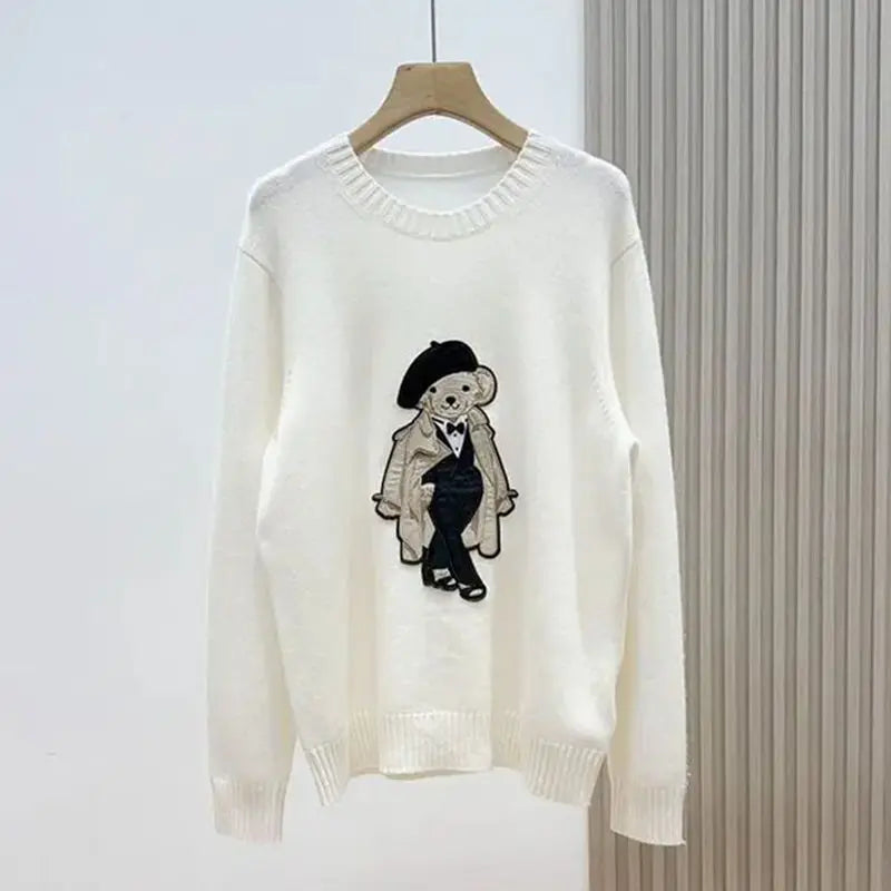 European Style Luxury Brand Loose O-Neck Bear Pullover Tops Knitwear Woman Short Sleeve T-shirt Ladies Wool Knitted Sweater