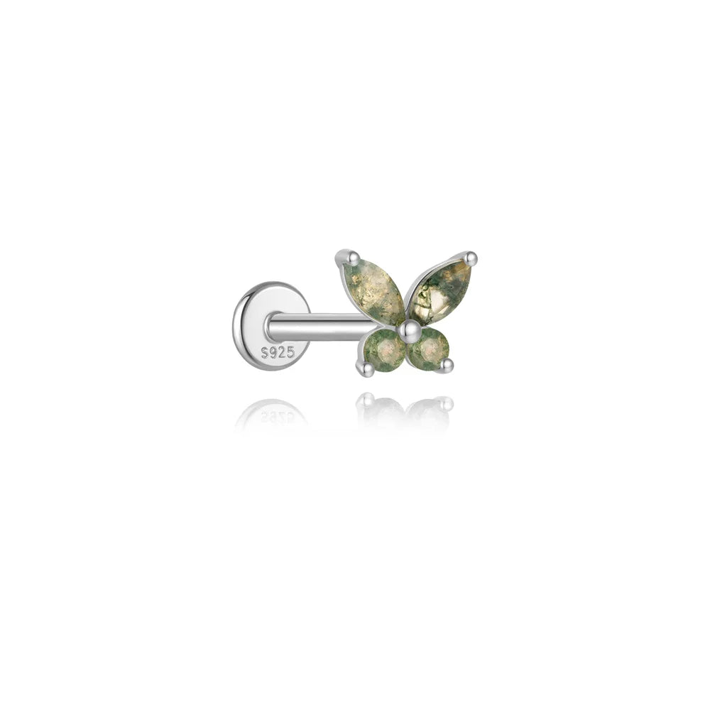 AIDE Water Grass Agate 925 Sterling Silver Flat Head Thread Piercing Earring Green Moss Piercing Ear Bone Earring Jewelry 1pc