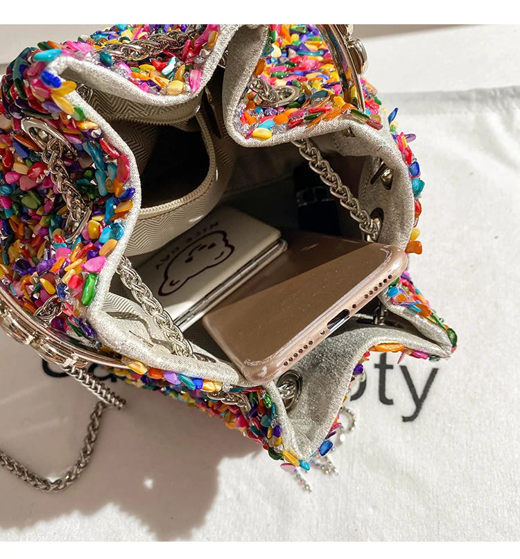 Luxury Designer Colorful Stones Evening Clutch Bag Wedding Party Bucket Purse Metal Handle Women Handbag Shoulder Messenger Bag