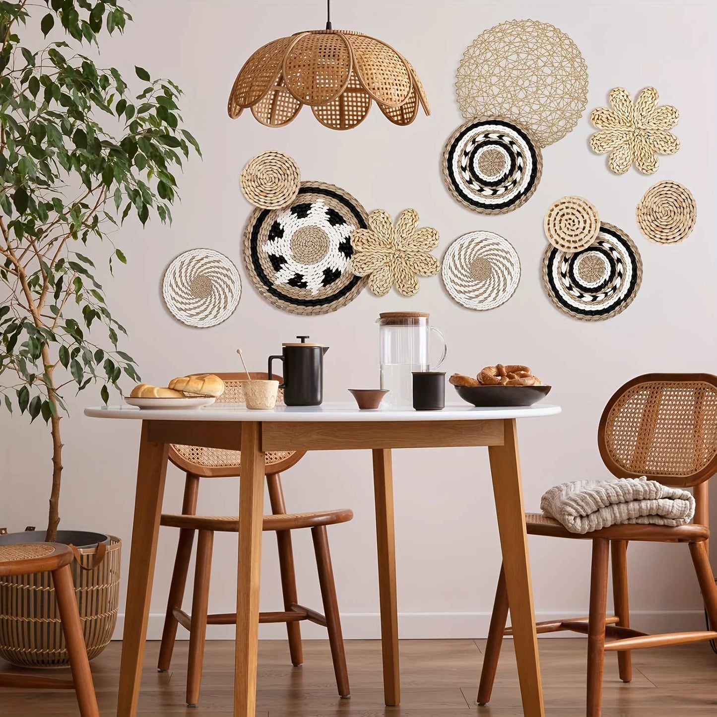10Pcs Handcrafted Bohemian Style Wall Basket Decorative Woven Rattan Flat Wall Basket Decoration Bedroom Living Room Dining Room