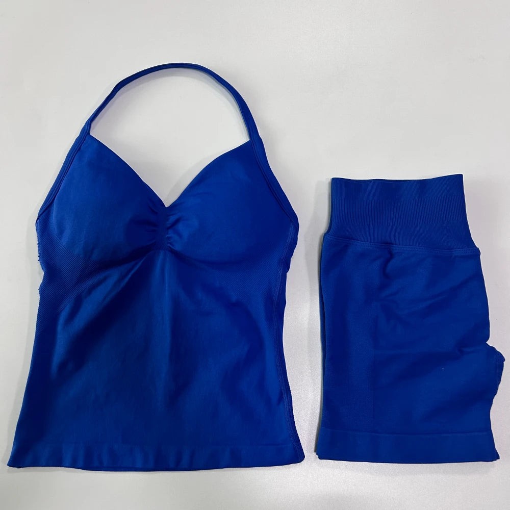 2Pcs Gym Set Women Backless Tank Tops High Waist Scrunch Seamless Shorts