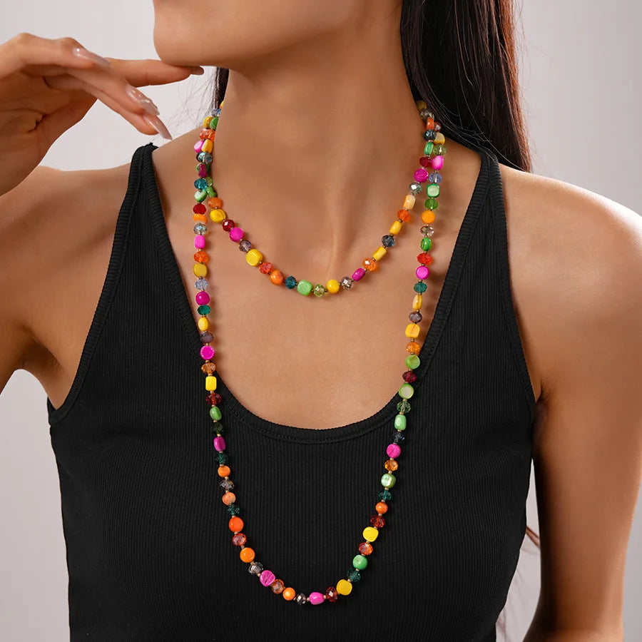 Boho Double-layer Shell Long Necklace for Women Vintage Irregular Beads Necklace Female Summer Vacation Jewelry Holiday Gifts
